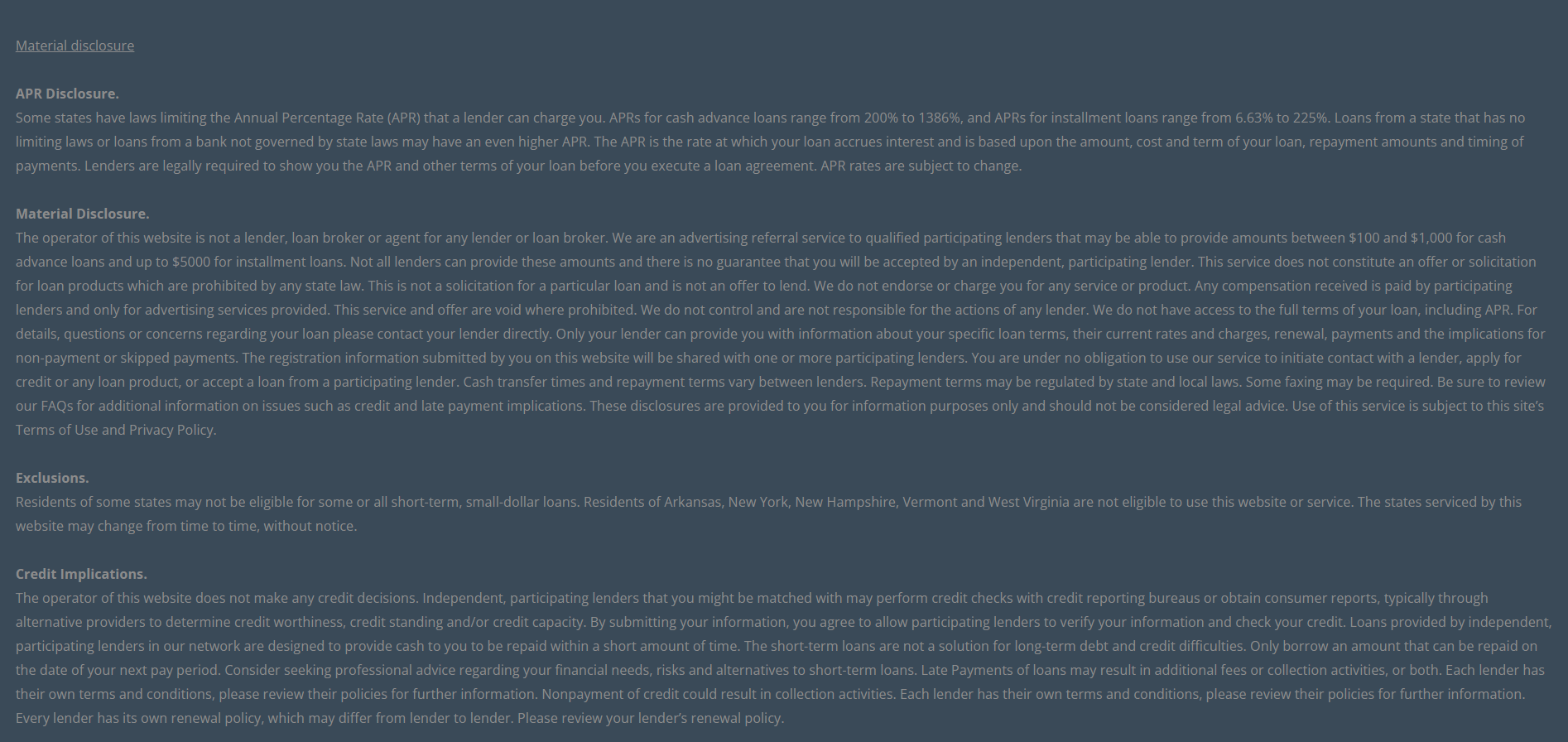 Material disclosure for payday loans in Norwalk California